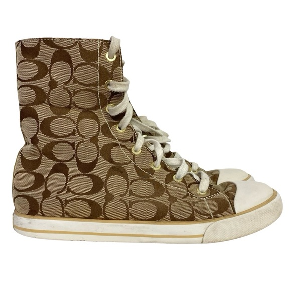 Coach Bonney High Top Sneakers Womens Size 9 Logo Jacquard Tan Brown Fold Down - Picture 1 of 13